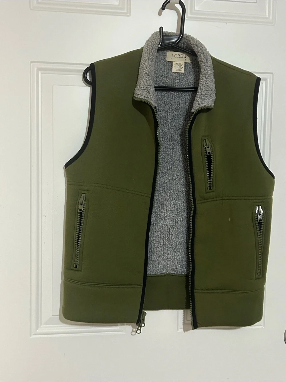 J. Crew Olive Green Vest with Grey Sherpa Lining